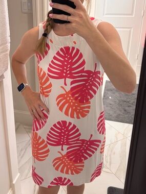 Sleeveless Cream Midi Dress with Pink & Orange Tropical Leaf Print